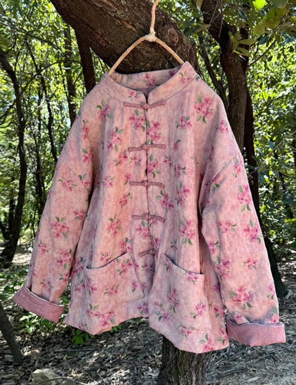 Retro Traditional Hand- Sewn Buttoned Floral Cotton Coat