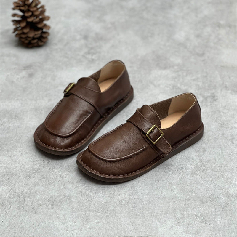 Women Retro Handmade Leather Flats Coffee Slip Ons