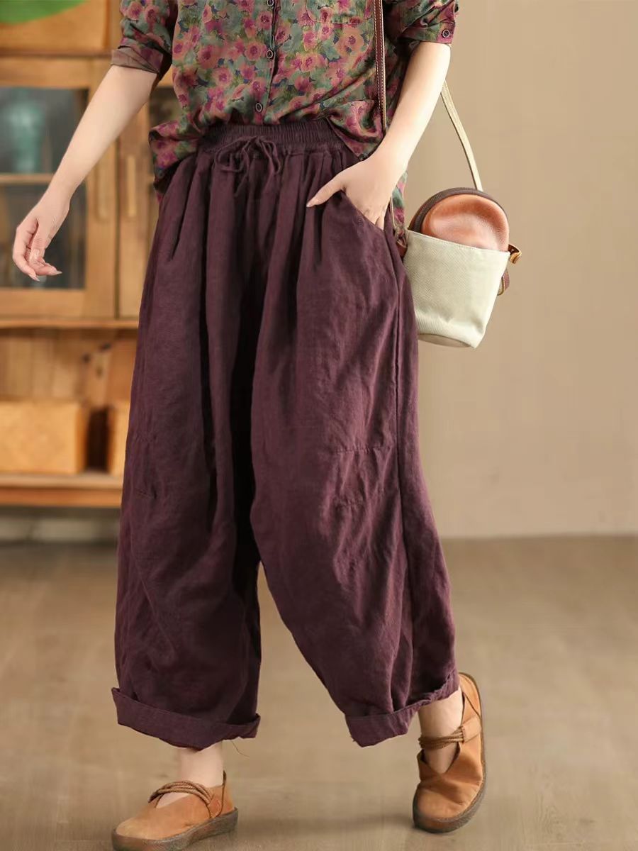 Women Casual Solid Color Loose Linen Pants