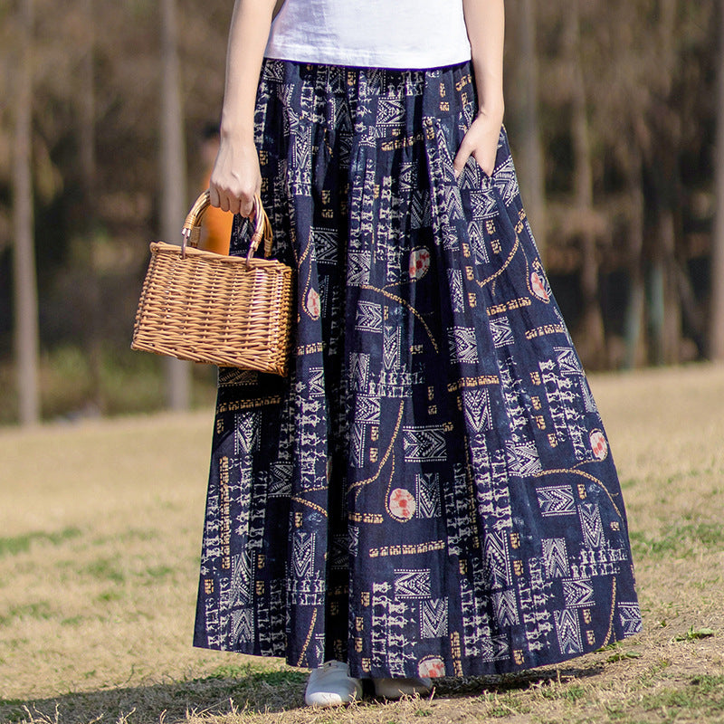 Vintage Ethnic Style Printed Ruffled Linen Midi Skirts