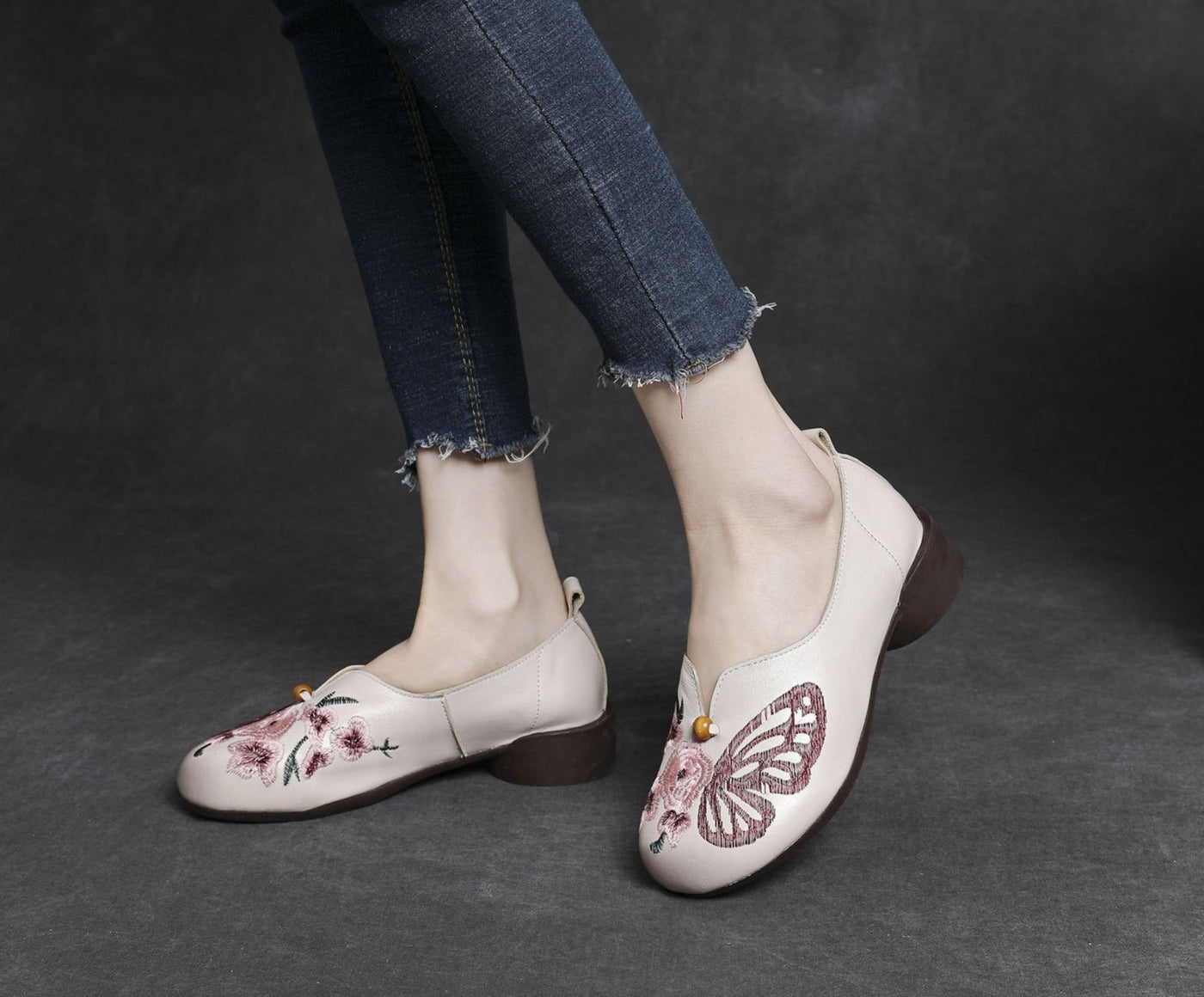 Women Butterfly Floral Embroidered Chunky Heel Slip- Ons