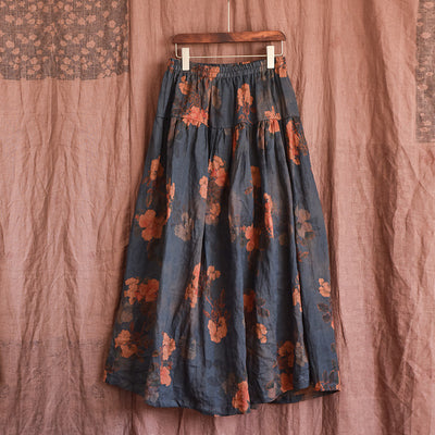 Printed Ruffled Flowy A- Line Ramie Midi Skirts