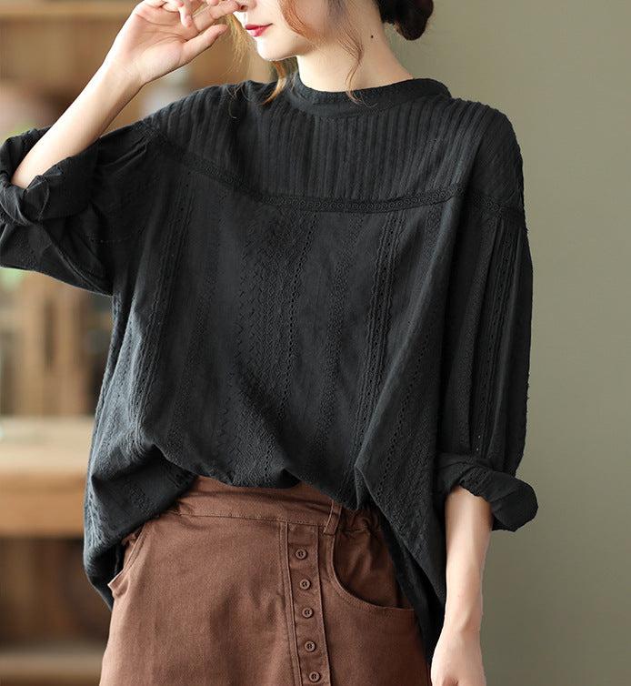 Women Autumn Solid Color Pleated Lace Hollow Pullovers