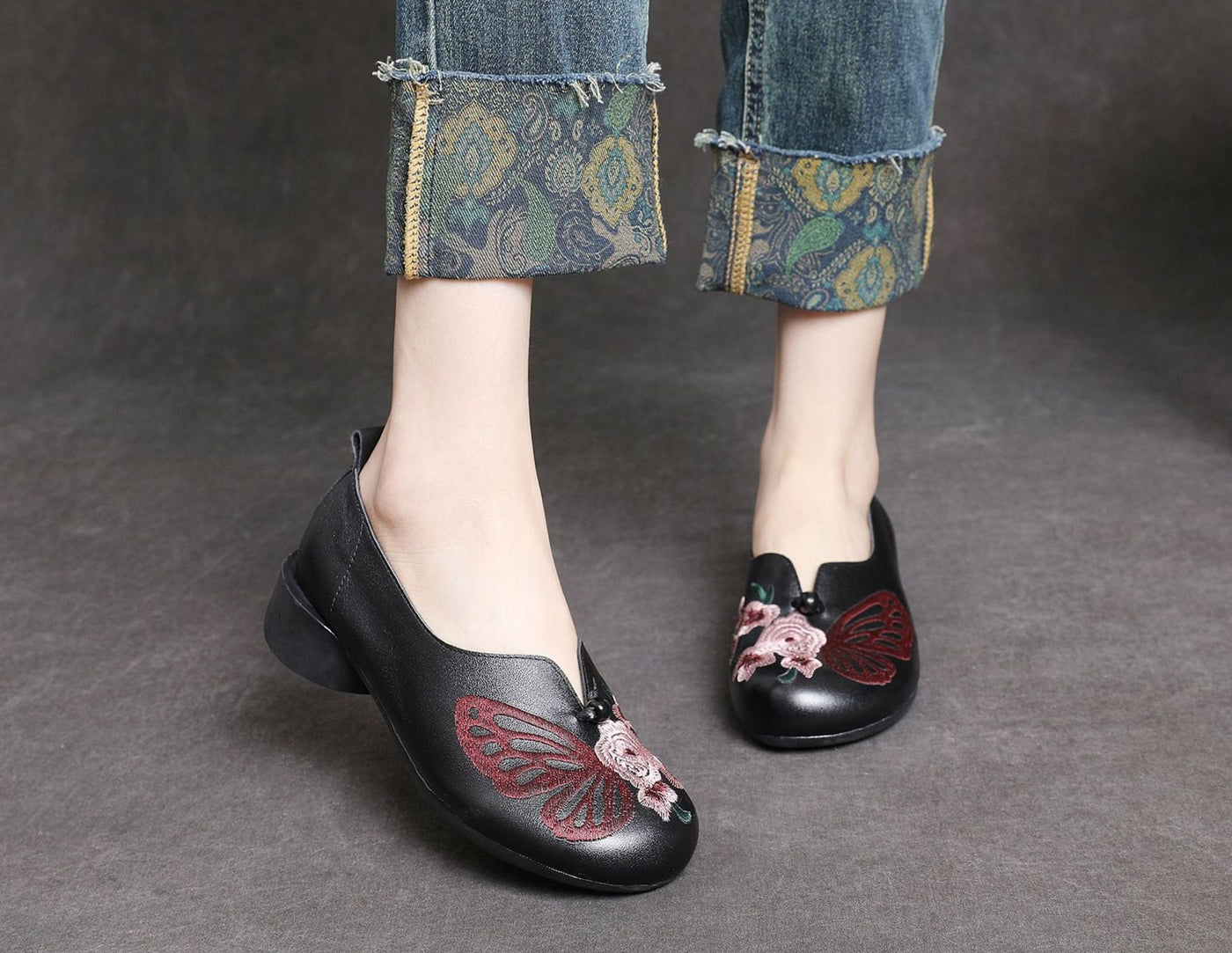 Women Butterfly Floral Embroidered Chunky Heel Slip- Ons