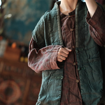 Women Green Distressed Color Block Padded Linen Vest