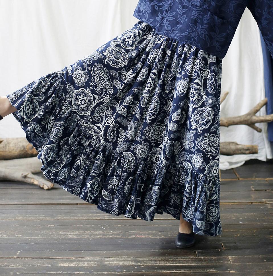 Vintage Ruffled Printed A- Line Maxi Skirt