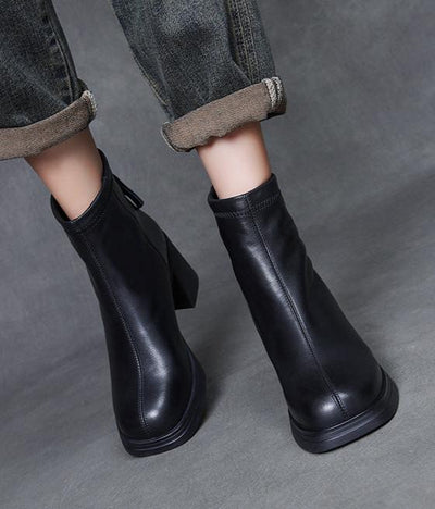 Women Zipper Chunky Heel Fleece Lining Ankle Boots