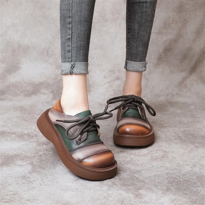 Retro Color Block Platform Casual Leather Shoes