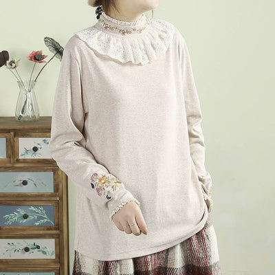 Women Spring Lace Embroidered High-Neck Cotton T-Shirt