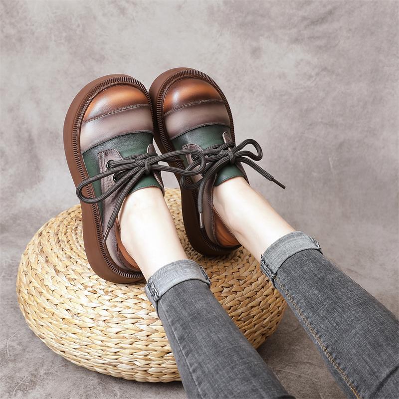 Retro Color Block Platform Casual Leather Shoes