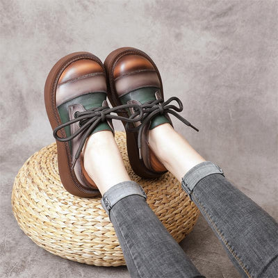 Retro Color Block Platform Casual Leather Shoes