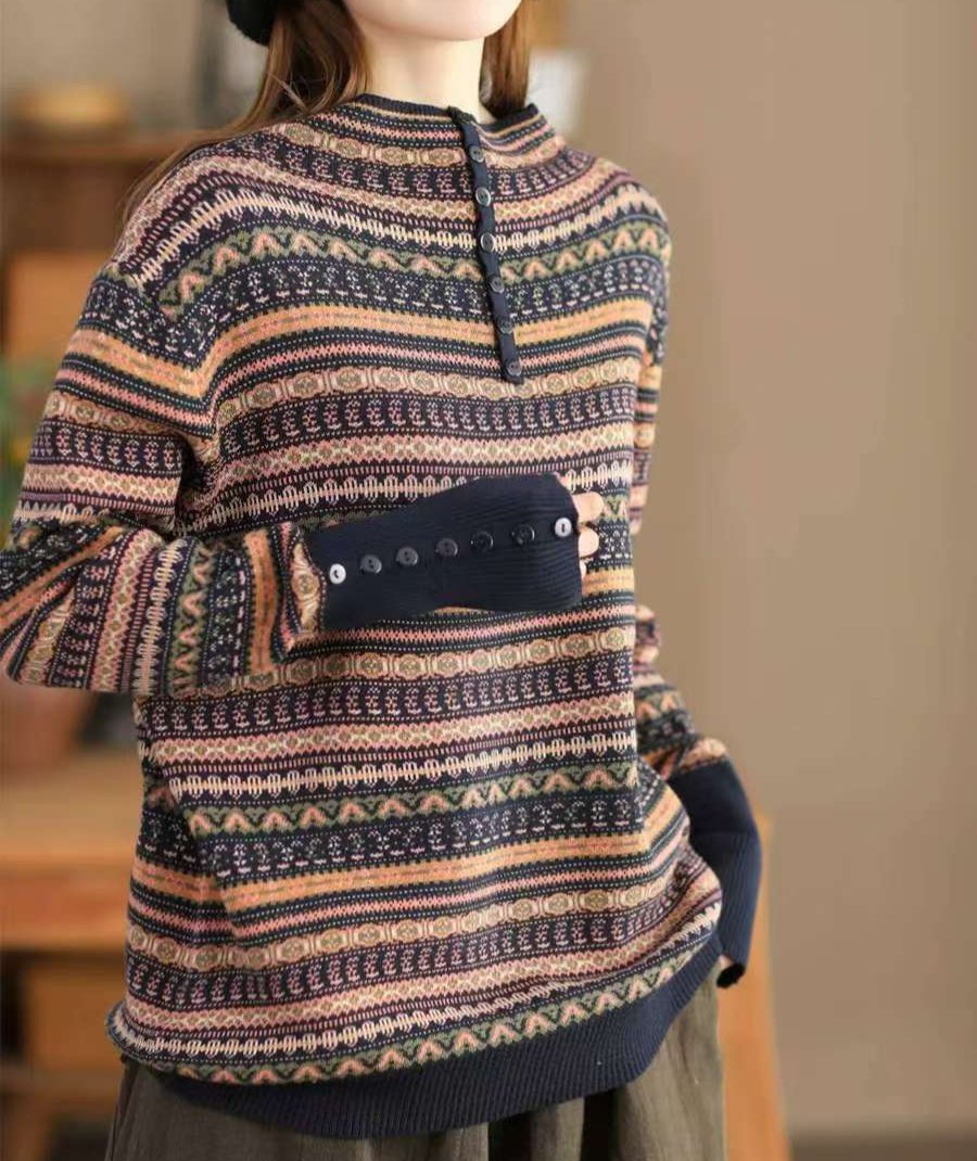 Women Fashion Jacquard Wool Blend Mock Neck Casual Sweater