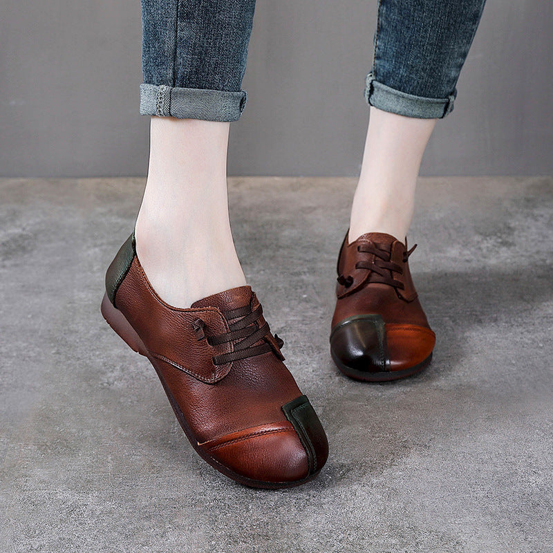 Color Block Low Heel Leather Casual Shoes