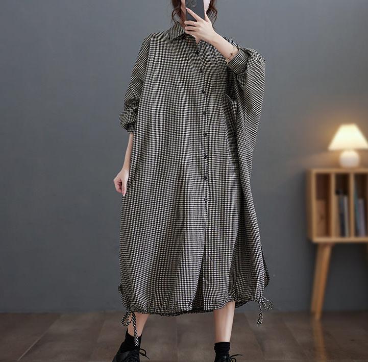 Loose Plaid Drawstring Cotton Shirt Dresses