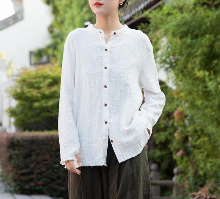 Women Casual Button- Up Textured Cotton Linen Shirts