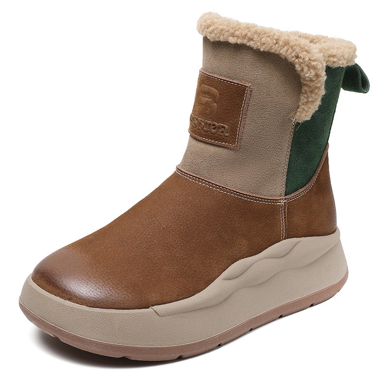 Women Retro Warm Fleece Lining Suede Leather Short Boots