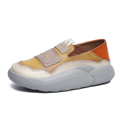 Women Retro Leather Casual Shoes Color Block Slip- Ons