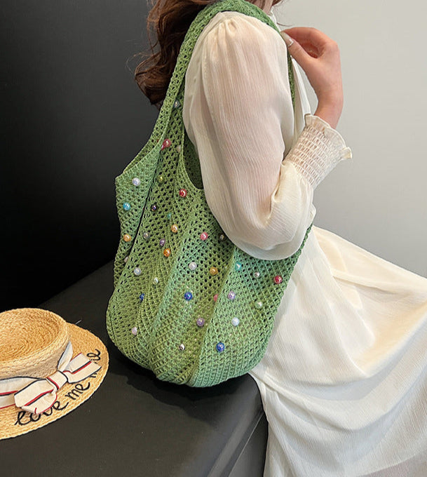 Handwoven Colorful Beaded Hollow-Out Large-Capacity Tote Bag