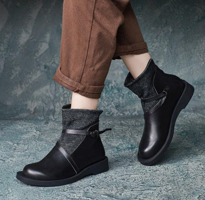 Women Retro Zipper Patchwork Leather Short Biker Boots