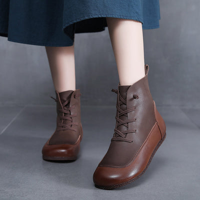 Women Autumn Winter Retro Color Block Lace Up Boots