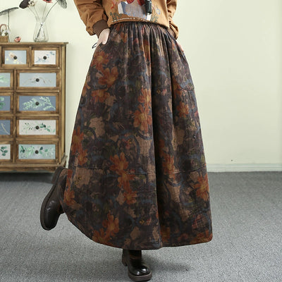 Women Spring Retro Cotton Linen Floral Printed A-Line Skirt