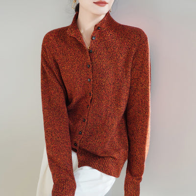 Ladies Elegant Mock Neck Knitted Wool Cardigan