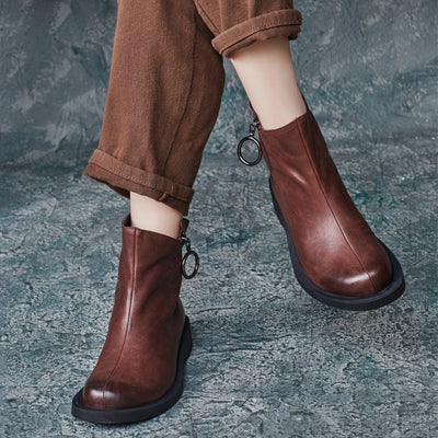 Women Classic Vintage Zipper Ring Short Boots