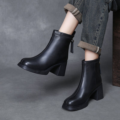 Women Zipper Chunky Heel Fleece Lining Ankle Boots