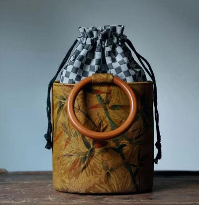 Ethnic Style Round Wooden Handle Chinese Bucket Bag