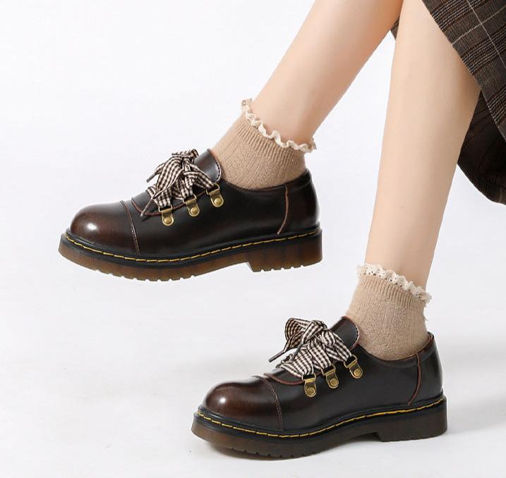 Women Classic Trendy Plaid Lace-Up Low Heel Loafers