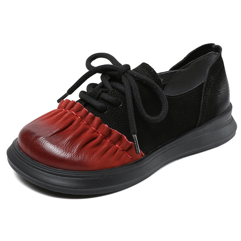 Women Retro Color Block Ruffled Casual Leather Shoes