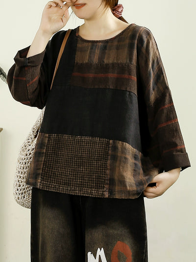 Autumn Plaid Color Block Cotton Linen Blouses