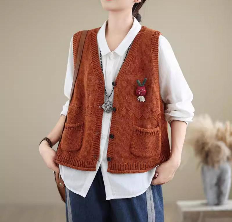 Autumn V-neck Pockets Cotton Knitted Vests