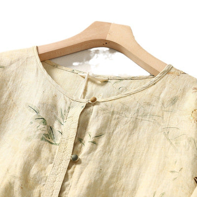 Women Floral Printed Retro Apricot Cotton Linen Shirts