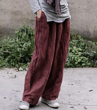 Red Elastic Waist Straight- Leg Linen Pants for Women