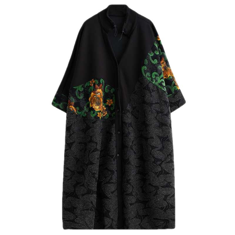 Women Black Trendy Retro Printed Mid-Length Coat