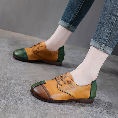 Color Block Low Heel Leather Casual Shoes