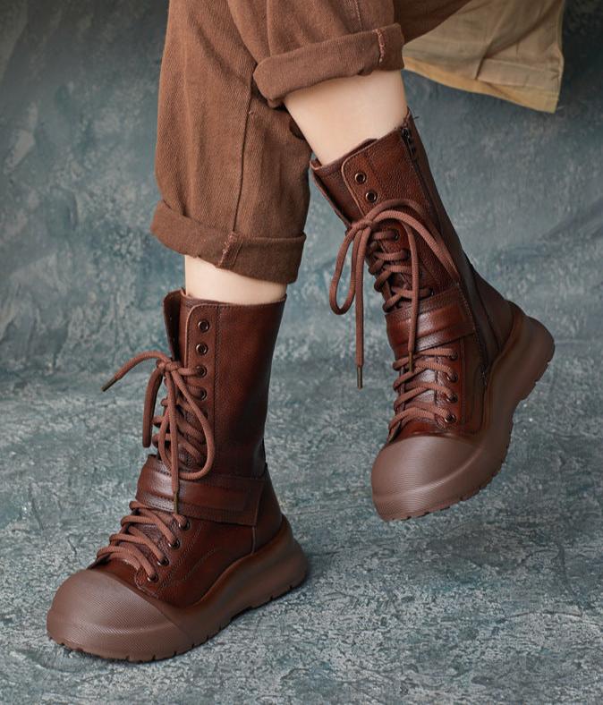 Fashion Ladies Retro Handmade Leather Lace-Up Mid-Calf Boots