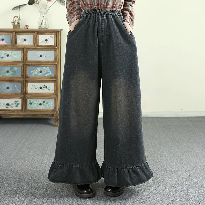 Women Spring Retro Denim Ruffled Wide-Leg Pants