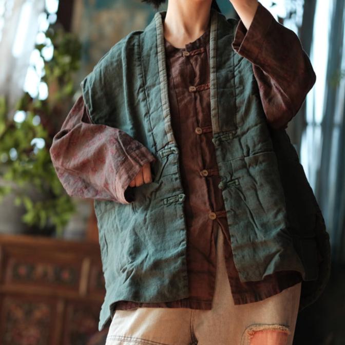 Women Green Distressed Color Block Padded Linen Vest