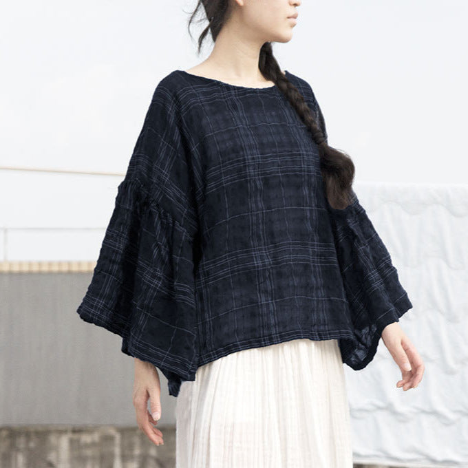 Loose Ruffled Semi- Sheer Jacquard Plaid Ramie Tops