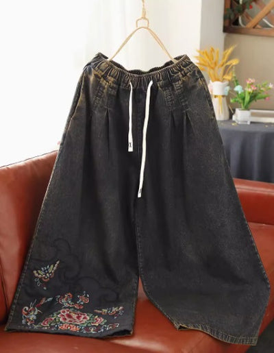 Retro Embroidered Elastic Waist Loose Wide Leg Jeans