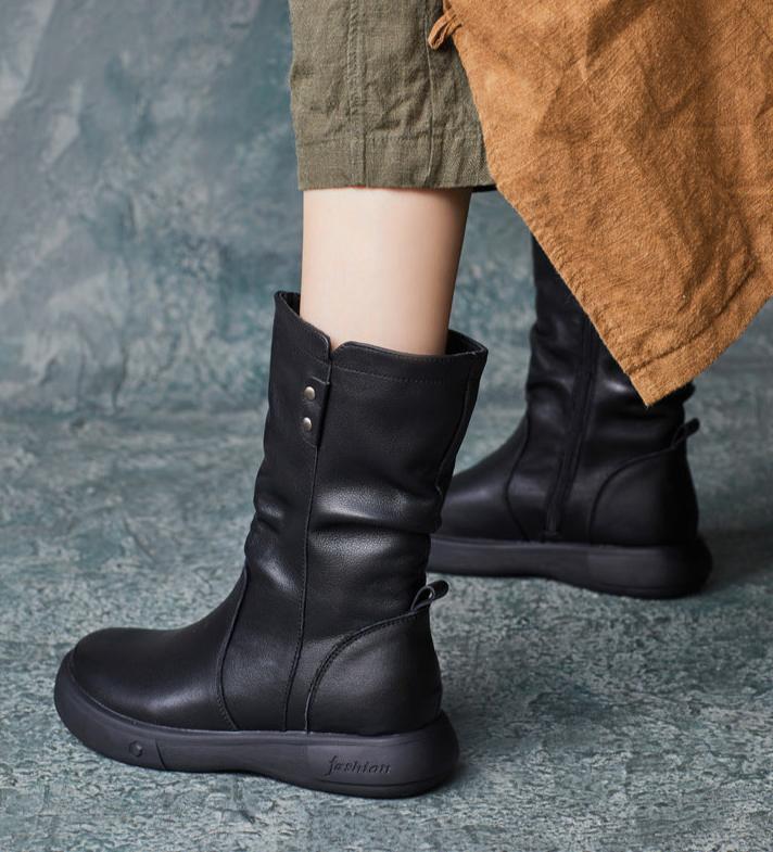 Women Retro Handmade Genuine Leather Ruched Mid-Calf Boots