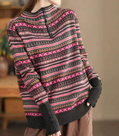 Women Fashion Jacquard Wool Blend Mock Neck Casual Sweater