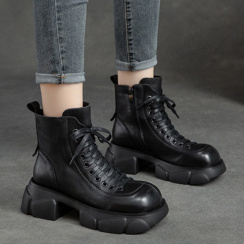 Women Retro Platform Fleece Lining Leather Short Boots