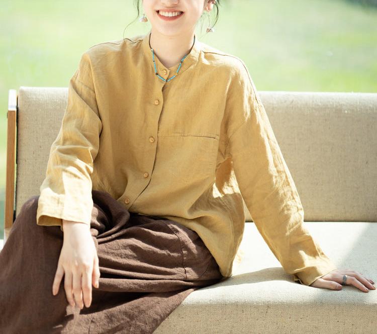 Women Simple Loose Comfortable Yellow Linen Shirts