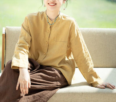 Women Simple Loose Comfortable Yellow Linen Shirts