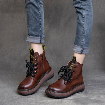 Women Retro Platform Lace- Up Zipper Leather Short Boots