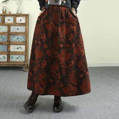 Women Spring Retro Cotton Linen Floral Printed A-Line Skirt