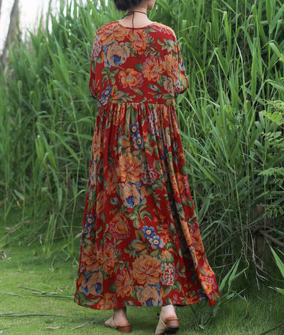 Red Ethnic Printed Cotton Linen Maxi Dresses